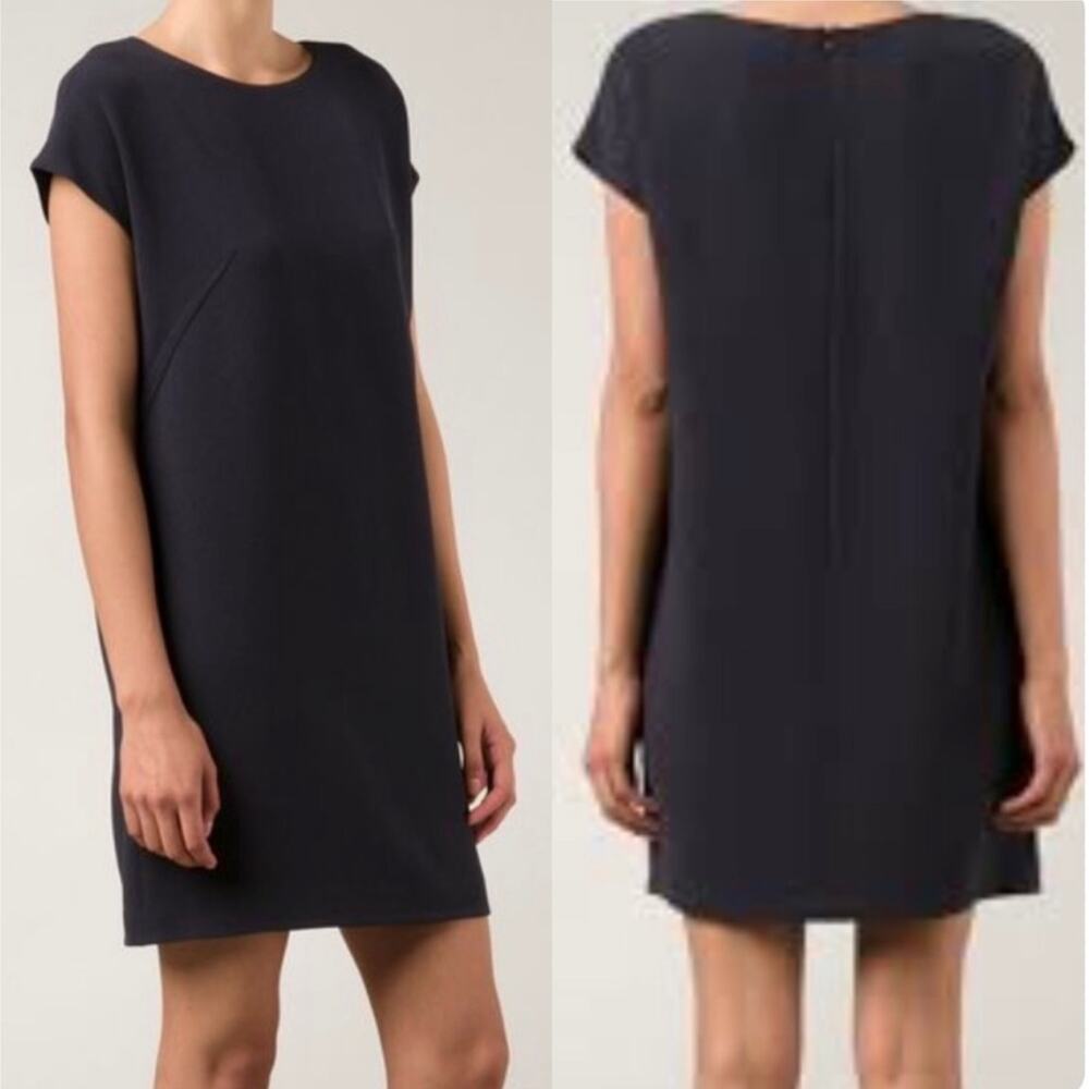Vince Leather Piped Crepe Shift Mini Tunic Dress size Medium Charcoal Black - Picture 2 of 15